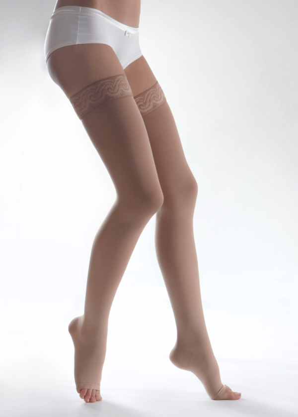 Medical compression open-toe cotton thigh-high stockings with lace (m-ag306)